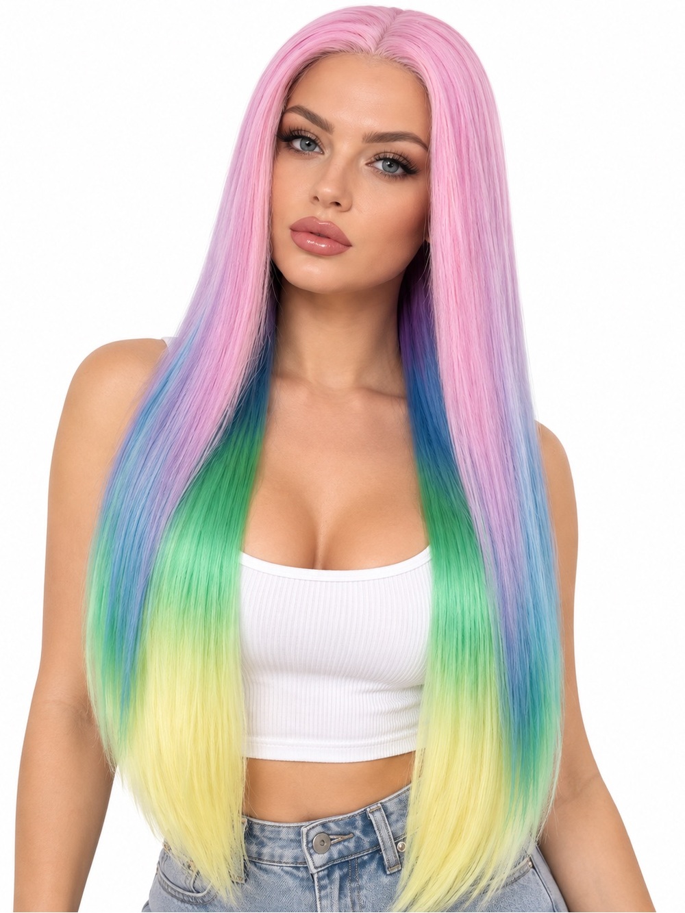 Pastel Rainbow Ombre Straight Wig - Pink, Purple, Blue, Green, Yellow lace front